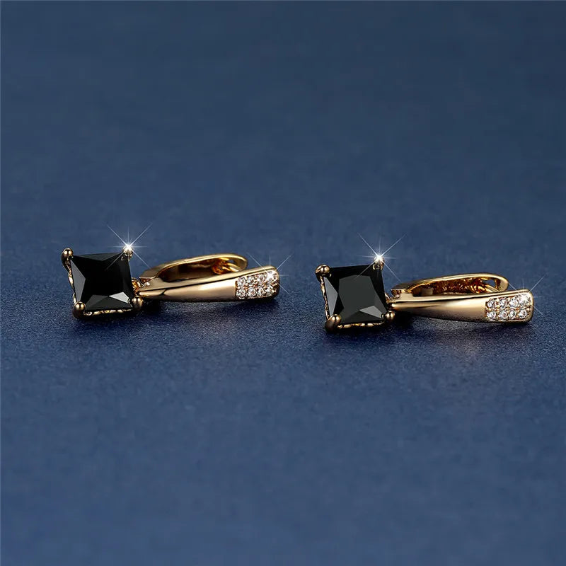 Trendy Female Geometric Crystal Earrings Antique Black Zircon Square Stone Earrings Champagne Gold Color Party Jewelry For Women