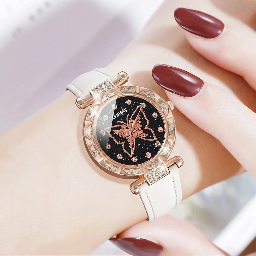 Gaiety White Women Quartz Watch Pu Leather Strap Wristwatch Large Butterfly Dial Watch Set Jewelry Set Gift For Her (6PCS/Set)