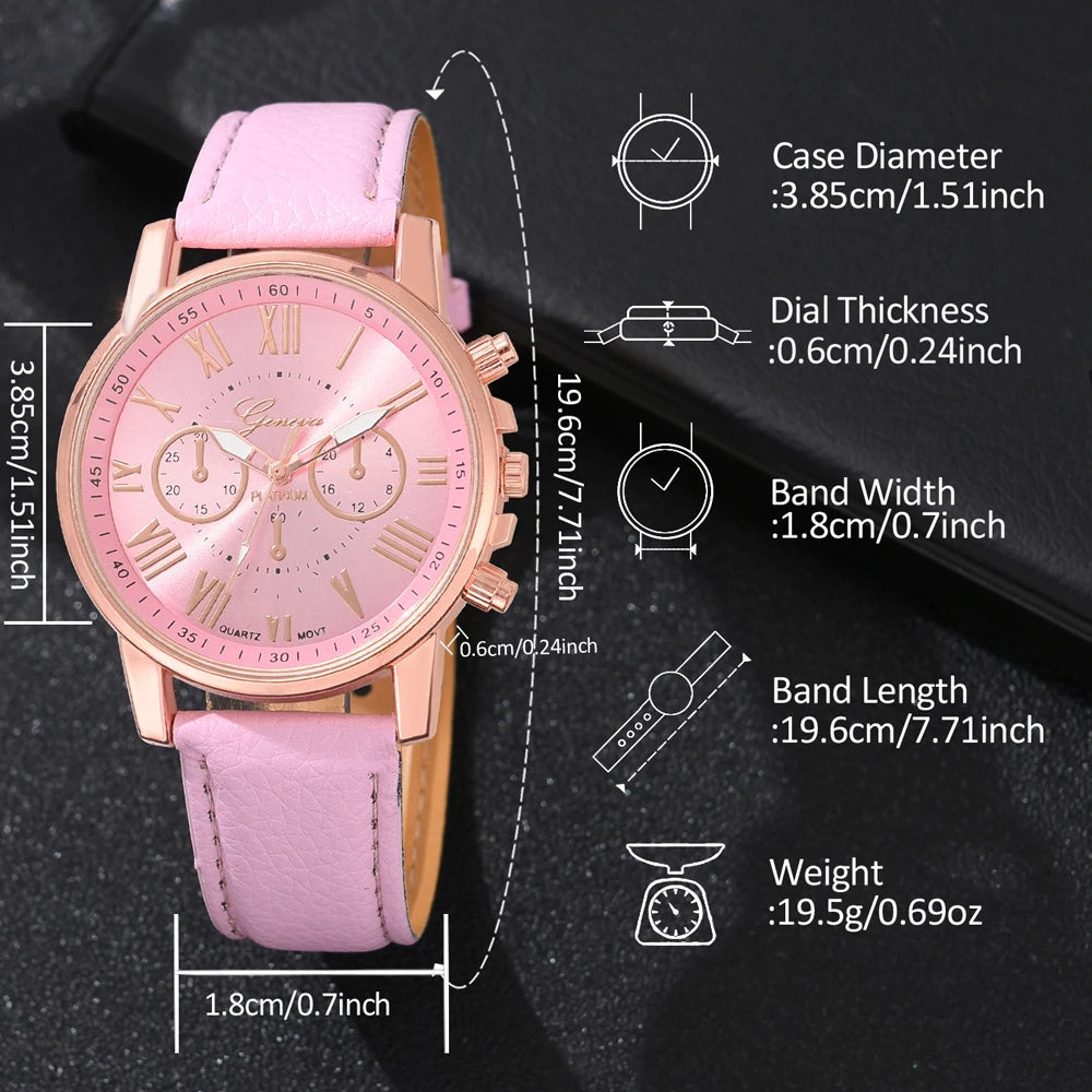 Pink Women 5PCS/Set Watch Roman Numeral Dial Quartz Leather Strap Watch Butterfly Element Jewelry Set