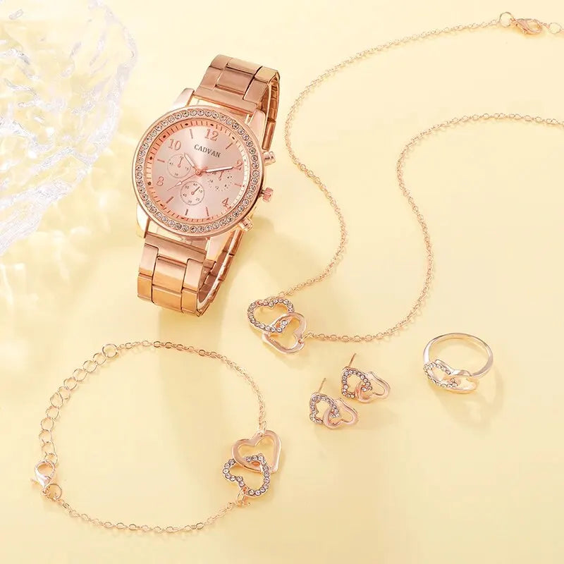 6PCS Set Rose Gold Watch, Ring, Necklace, Earring Rhinestone Casual, and Bracelet