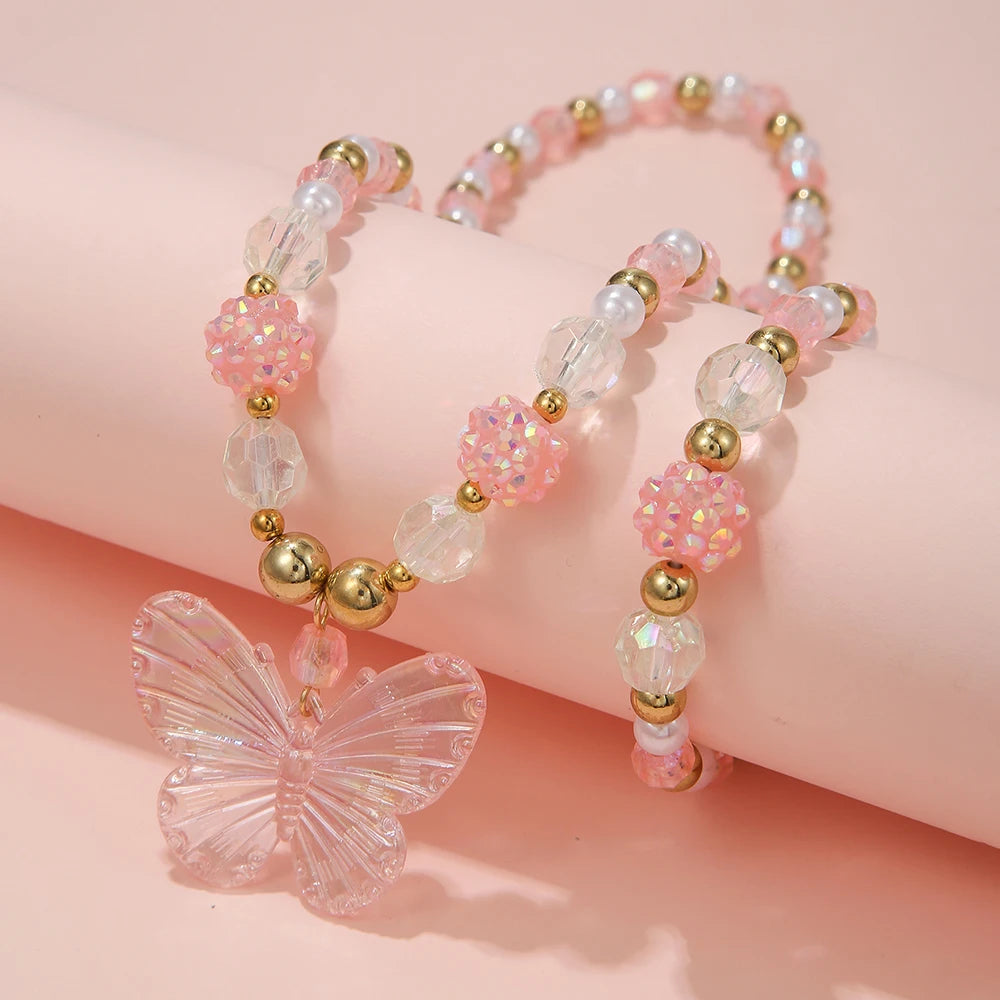 2Pcs/set Pink Butterfly Charm Necklace and Bracelet Princess