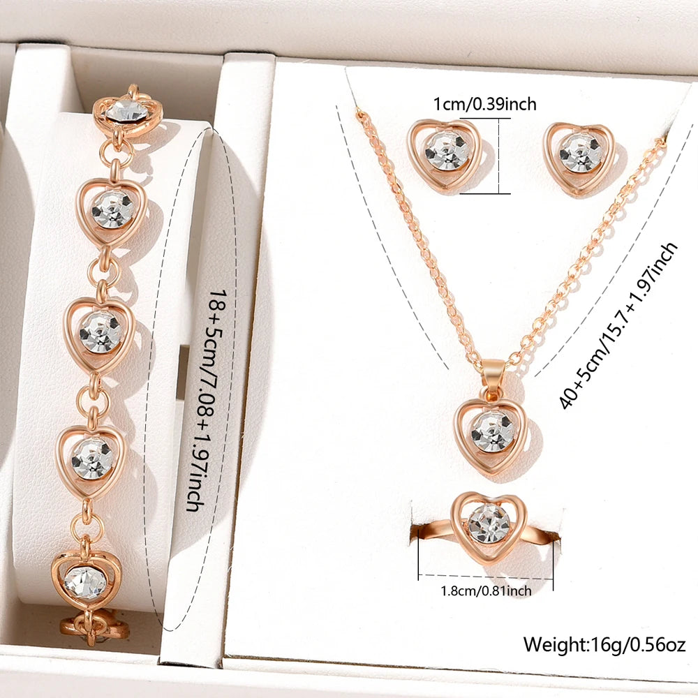 5 Piece Set Crystal Love Heart Necklace, Earrings, Rings and Bracelets