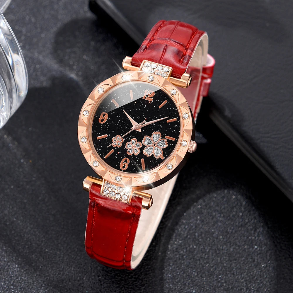 Red Ladies Watch 6PCS/Set Flower Dial Quartz Leather Strap Watch Butterfly