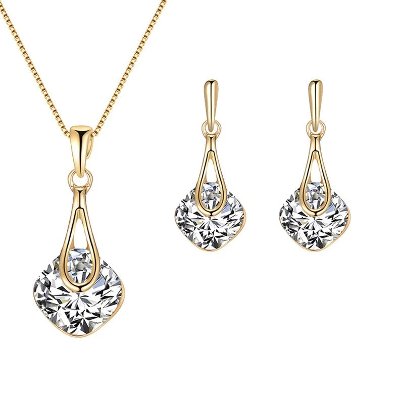 Fashion Women Water Drop Pendant Square Rhinestone Ear Stud Earrings Necklace Lady Jewelry Set