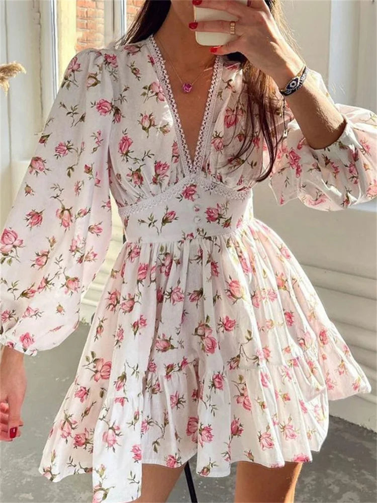 Elegant Women Floral Print Short Mini Dress With Long Lantern Sleeves