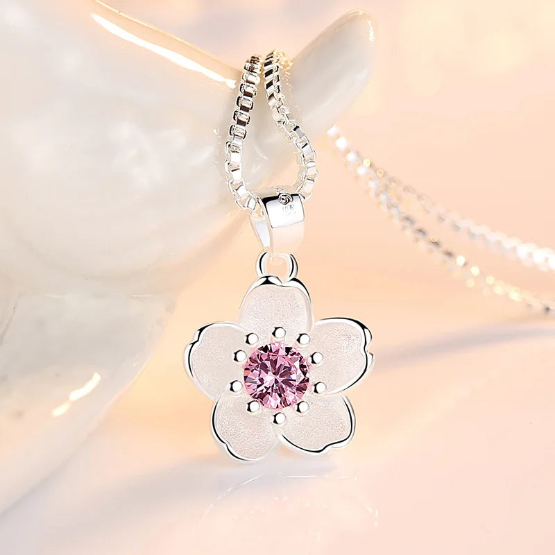 Sterling Silver Crystal Flower Pendant Necklace Stud Earrings Jewelry Sets