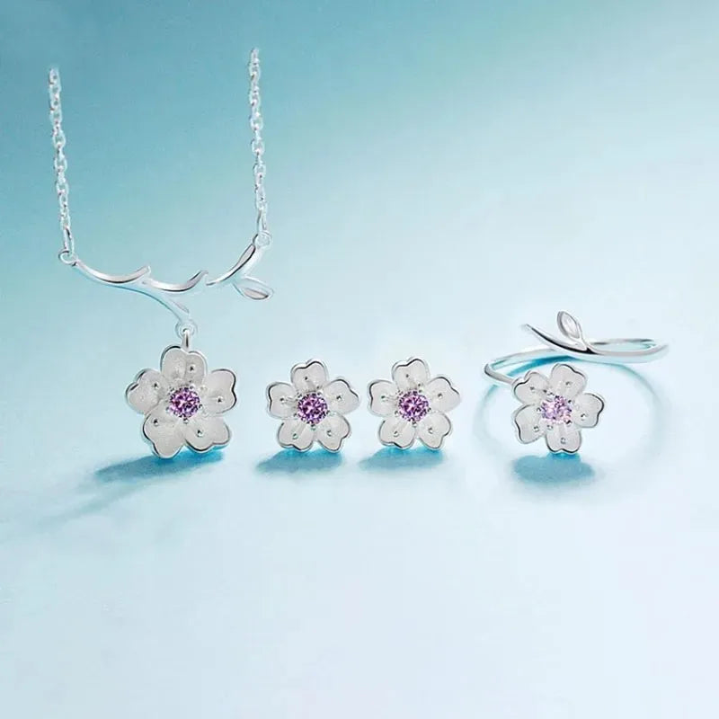 Silver Color Cherry Blossom Flower Cubic Zirconia Stone Jewelry Sets for Women Floral Necklace Bracelet Earring Ring Wedding Set