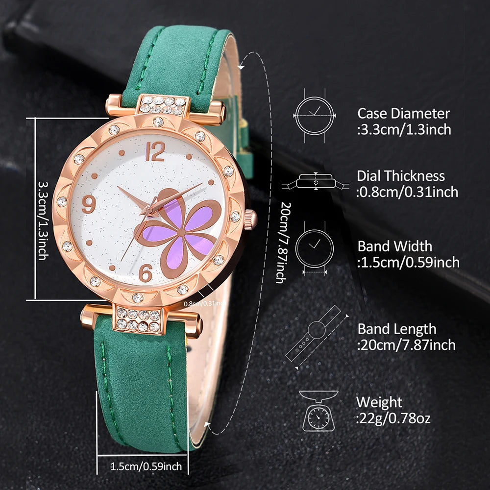 Green Watch 5PCS/Set Pink Flower Dial Quartz Wristwatch Frosted