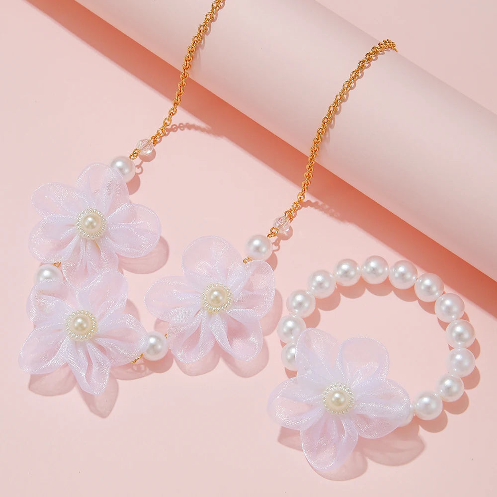 2Pcs/set Pink Flower Lace Charm Necklace and Bracelet Princess