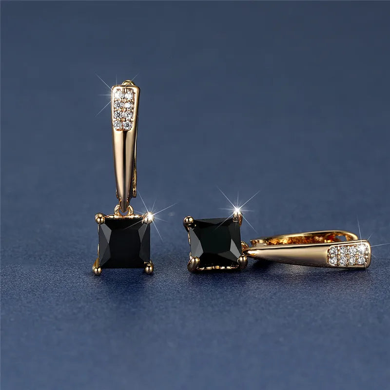 Trendy Female Geometric Crystal Earrings Antique Black Zircon Square Stone Earrings Champagne Gold Color Party Jewelry For Women