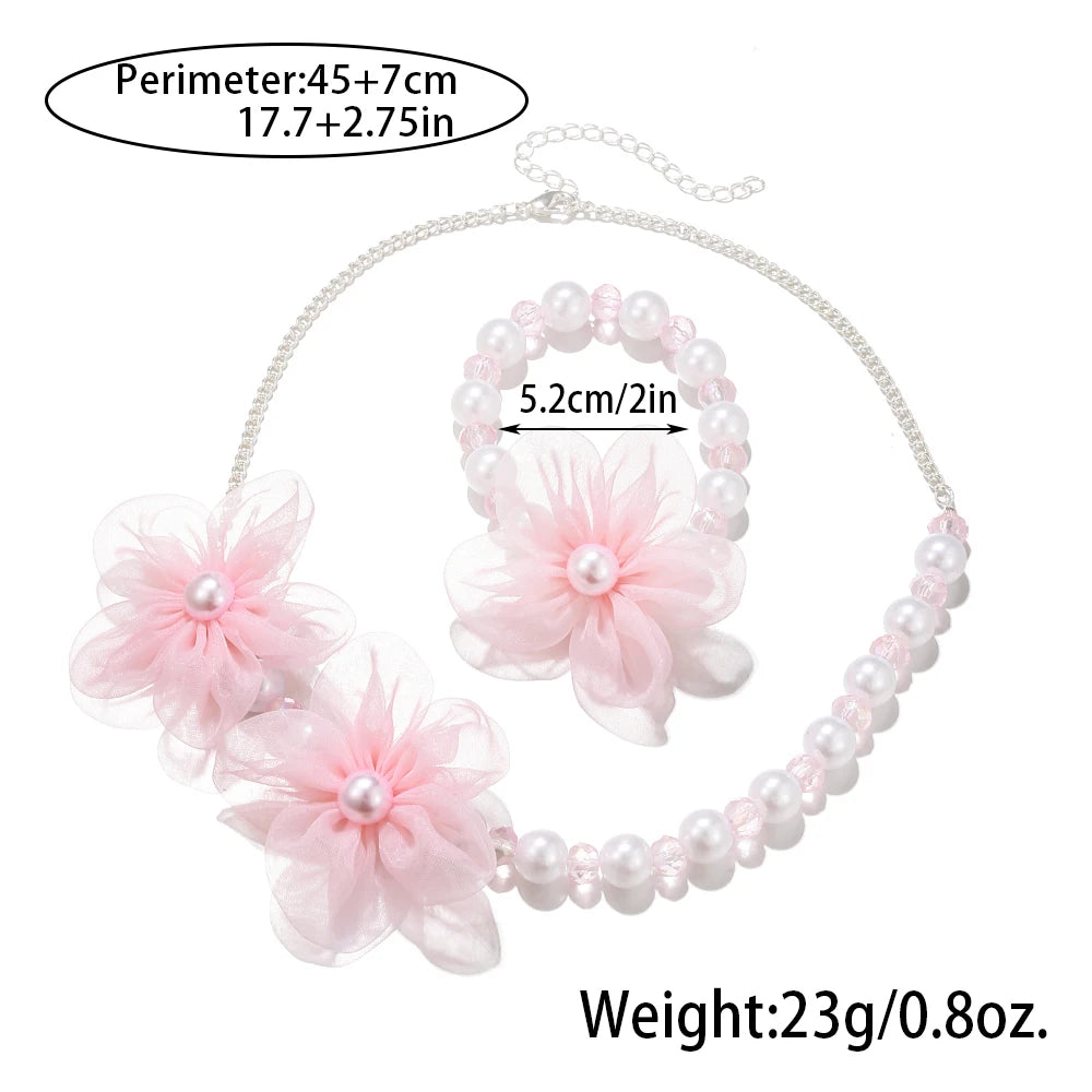 2Pcs/set Pink Flower Lace Charm Necklace and Bracelet Princess