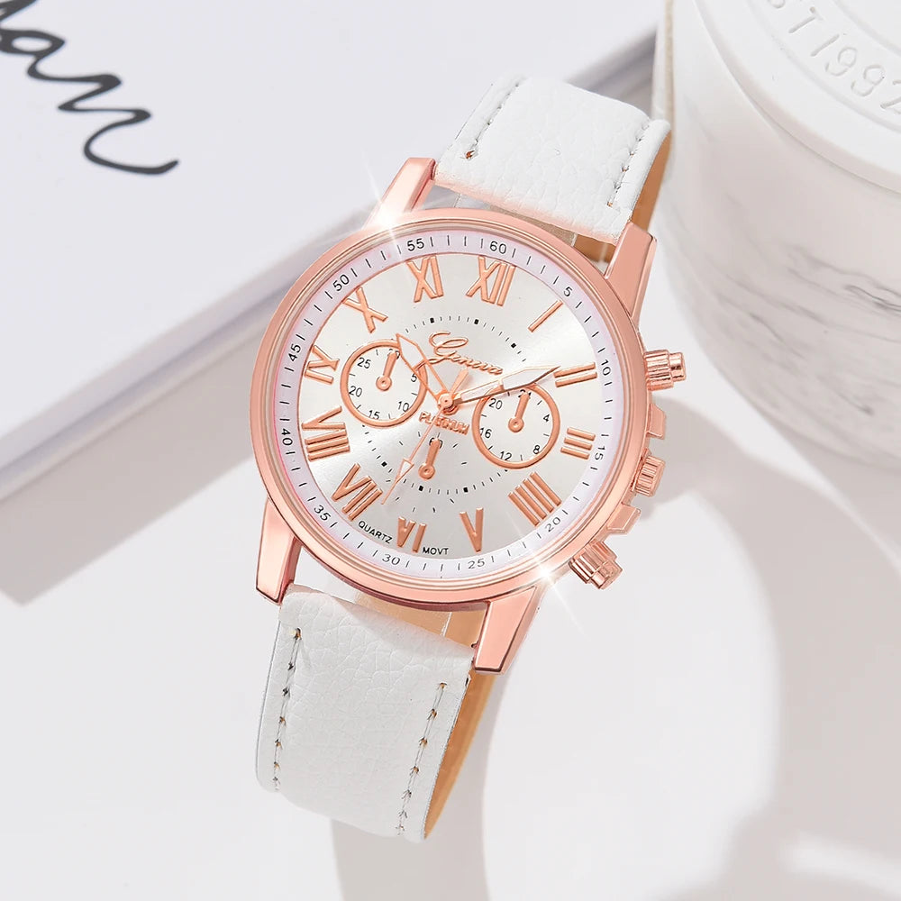 5PCS/Set White Silver Rose Gold, Leather Strap Quartz Watch