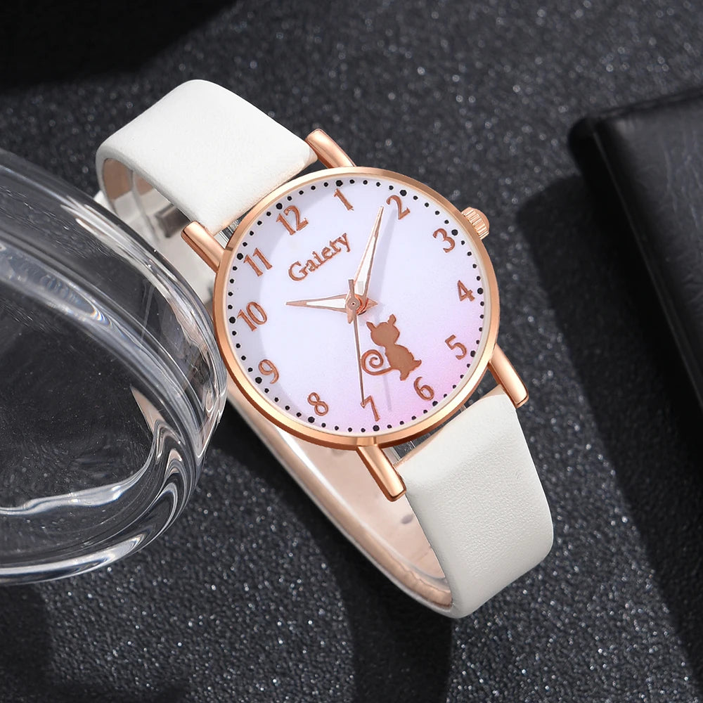 6PCS/Set Gradient Cat Element Dial Quartz Wristwatch Leather Strap Watch Jewelry Set