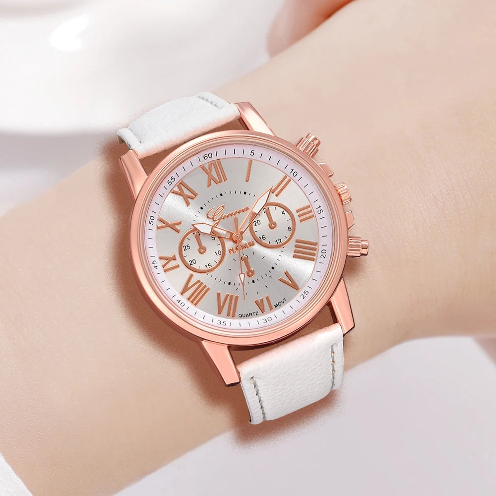 5PCS/Set White Silver Rose Gold, Leather Strap Quartz Watch