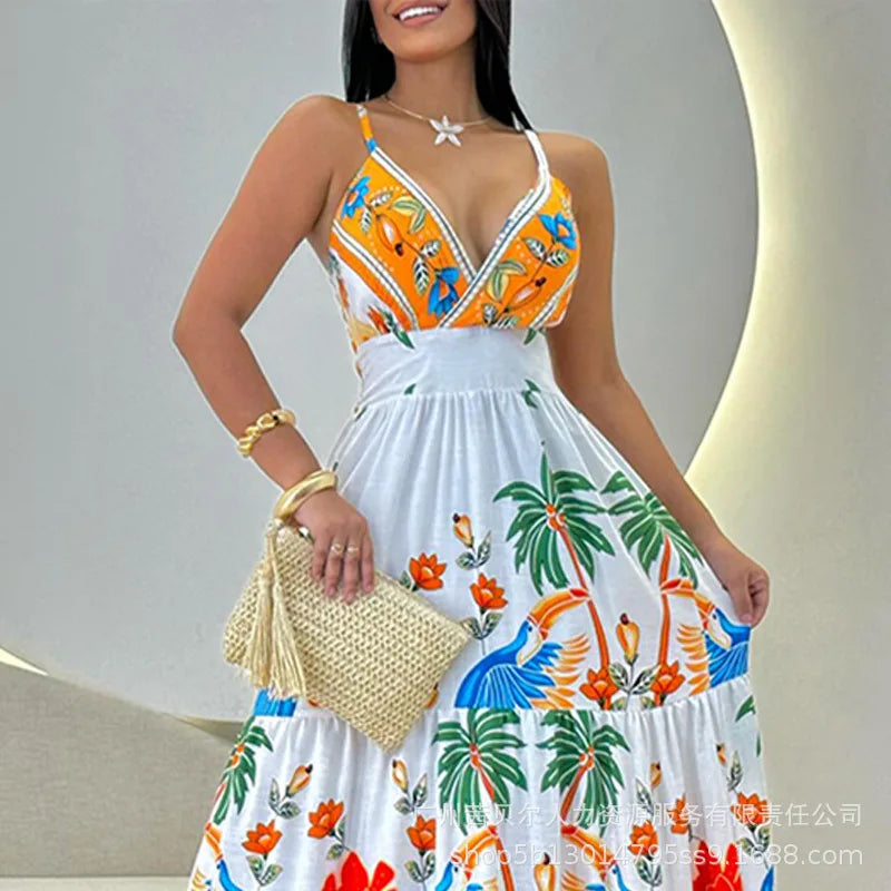 Sleeveless Tropical Print Maxi Dress