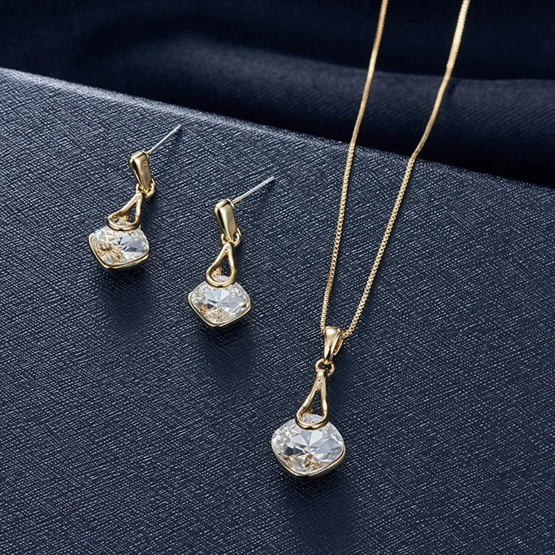 Fashion Women Water Drop Pendant Square Rhinestone Ear Stud Earrings Necklace Lady Jewelry Set