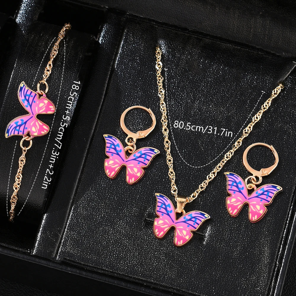 Pink Women 5PCS/Set Watch Roman Numeral Dial Quartz Leather Strap Watch Butterfly Element Jewelry Set