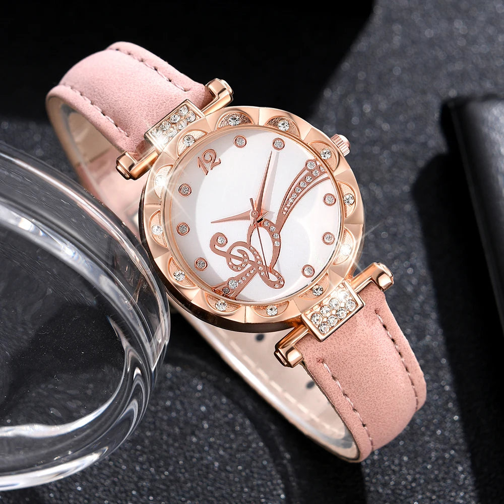 6PCS/Set Pink Women Quartz Watch Note Elements Dial Wristwatch Frosted Strap Watch Pearl Butterfly Jewelry Set Gift For Her