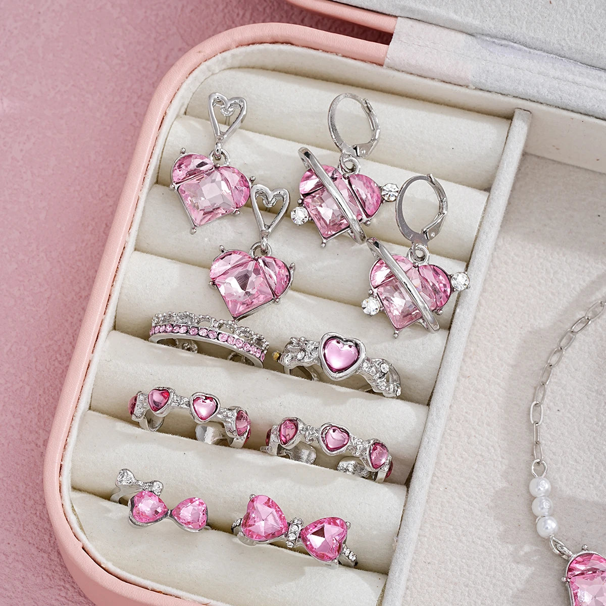 14 PCS Pink Craystal Heart Pendants Necklace Earrings, Ring, Bracelet