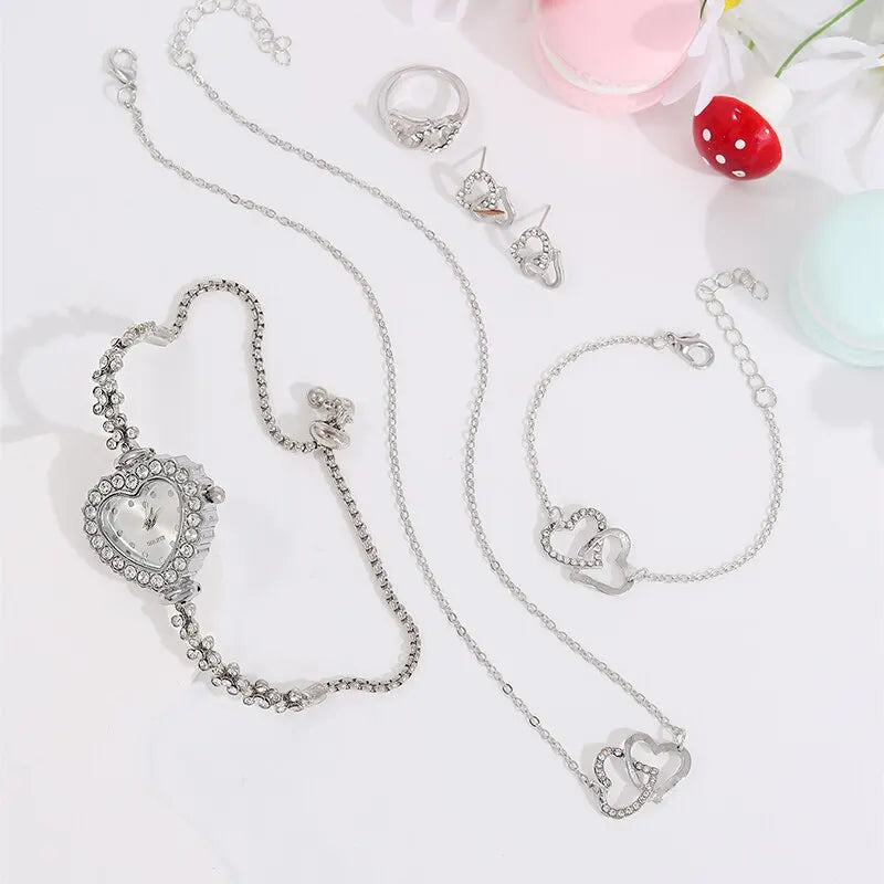 6PCS Set Luxury Watch, Ring Heart, Necklace, Earring Rhinestone Fashion