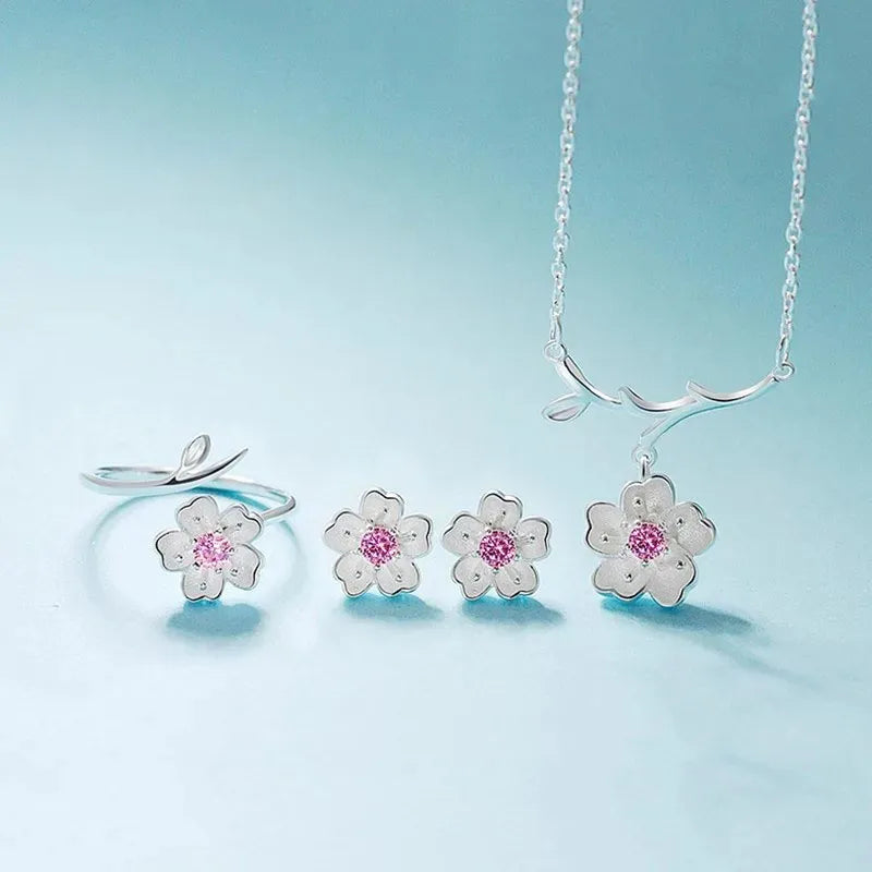 Silver Color Cherry Blossom Flower Cubic Zirconia Stone Jewelry Sets for Women Floral Necklace Bracelet Earring Ring Wedding Set