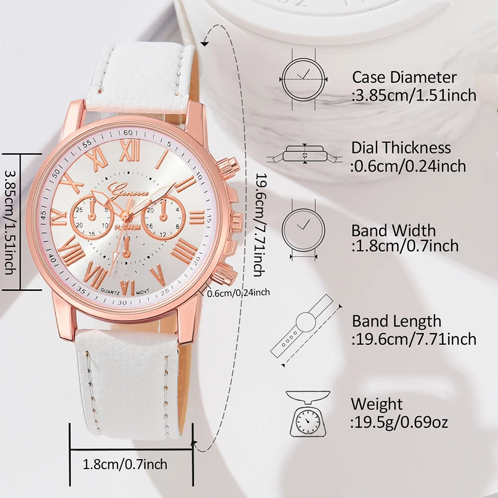 5PCS/Set White Silver Rose Gold, Leather Strap Quartz Watch