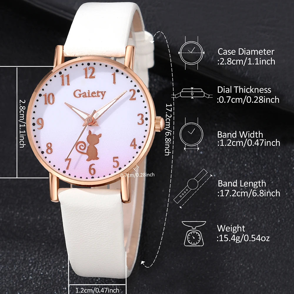 6PCS/Set Gradient Cat Element Dial Quartz Wristwatch Leather Strap Watch Jewelry Set