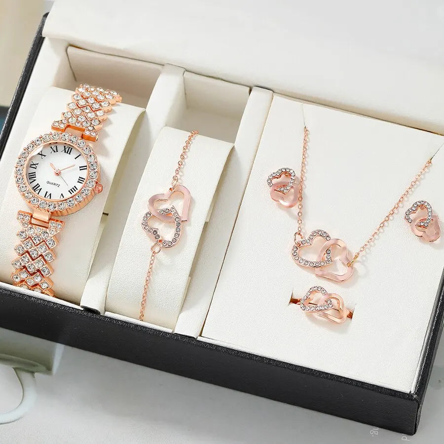 6pc Watch With Heart, Heart Necklace, Bracelet, Earrings Ring Set