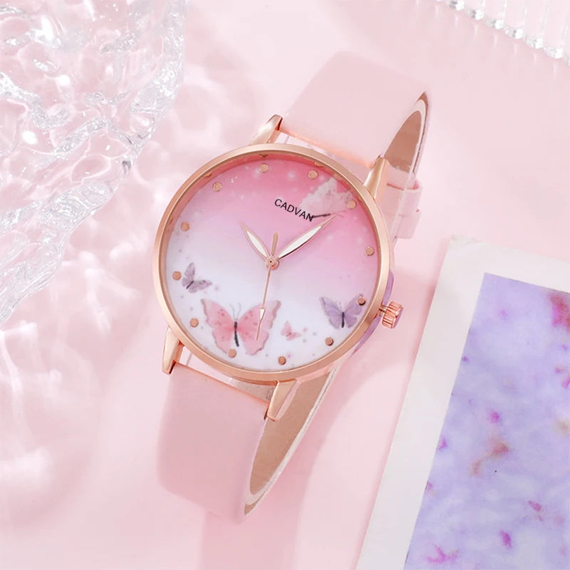 6PCS Set / Fashion Quartz Watch Female Clock Pink Butterfly