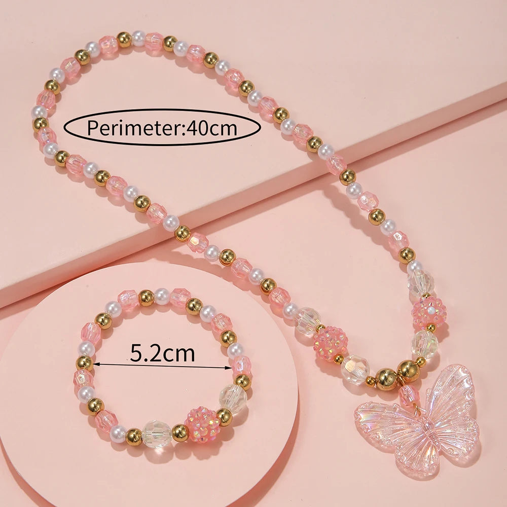 2Pcs/set Pink Butterfly Charm Necklace and Bracelet Princess