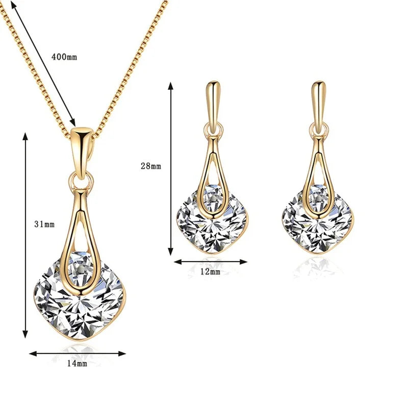 Fashion Women Water Drop Pendant Square Rhinestone Ear Stud Earrings Necklace Lady Jewelry Set