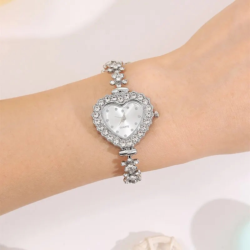 6PCS Set Luxury Watch, Ring Heart, Necklace, Earring Rhinestone Fashion