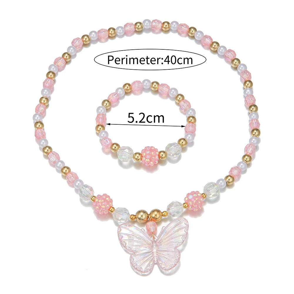 2Pcs/set Pink Butterfly Charm Necklace and Bracelet Princess