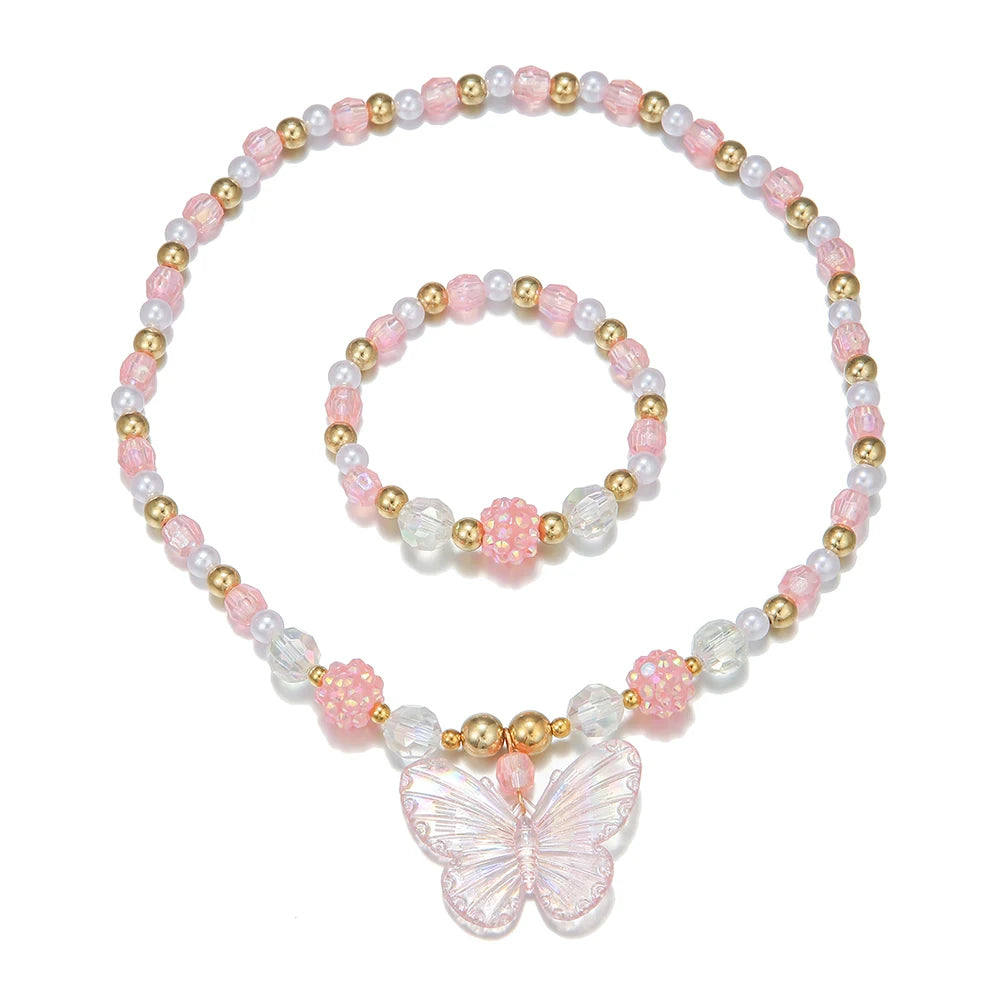 2Pcs/set Pink Butterfly Charm Necklace and Bracelet Princess