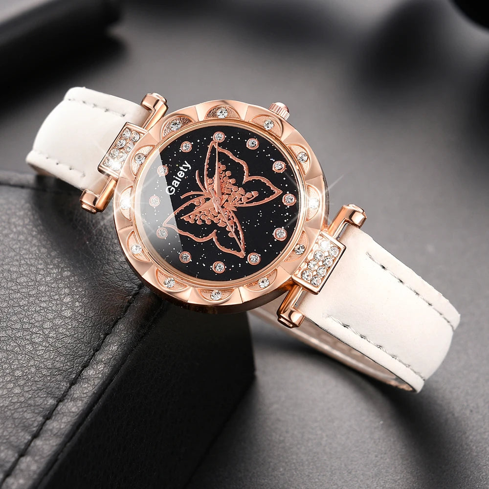 Gaiety White Women Quartz Watch Pu Leather Strap Wristwatch Large Butterfly Dial Watch Set Jewelry Set Gift For Her (6PCS/Set)