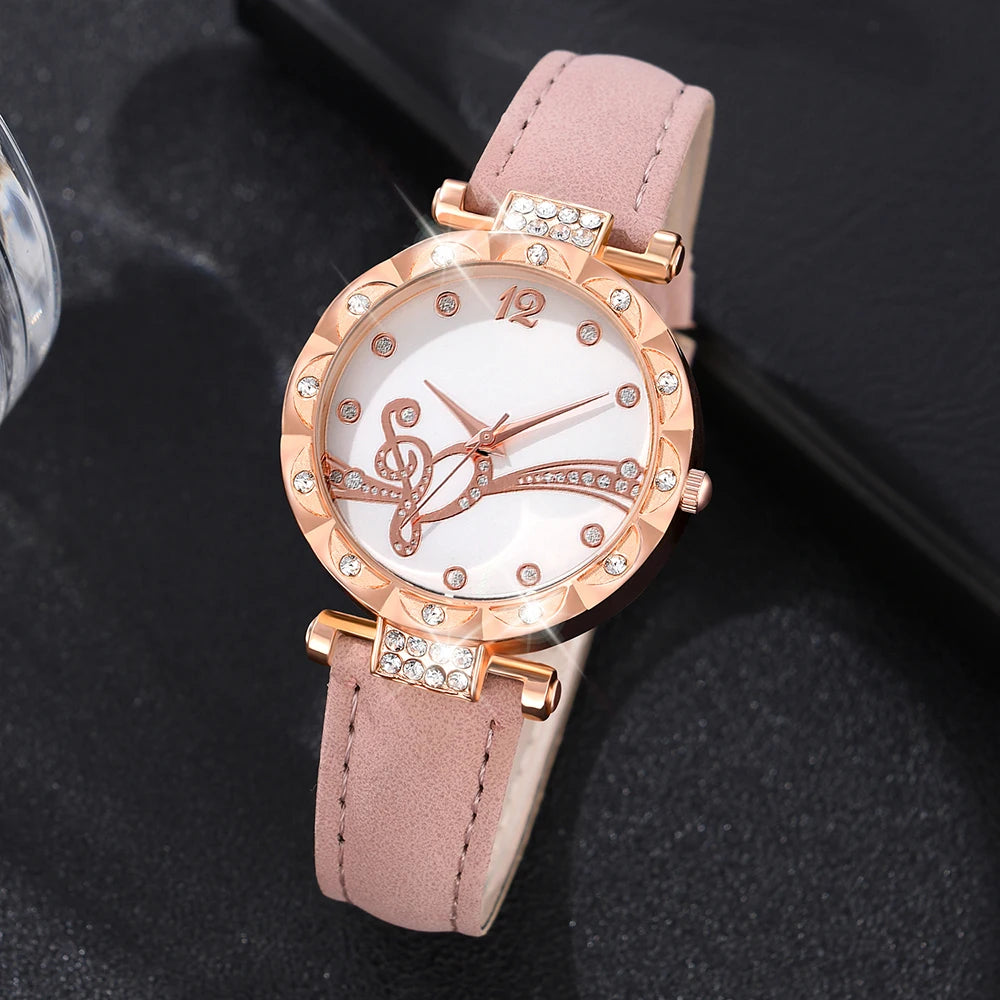 6PCS/Set Pink Women Quartz Watch Note Elements Dial Wristwatch Frosted Strap Watch Pearl Butterfly Jewelry Set Gift For Her