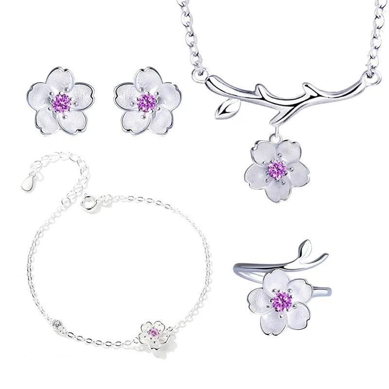 Silver Color Cherry Blossom Flower Cubic Zirconia Stone Jewelry Sets for Women Floral Necklace Bracelet Earring Ring Wedding Set