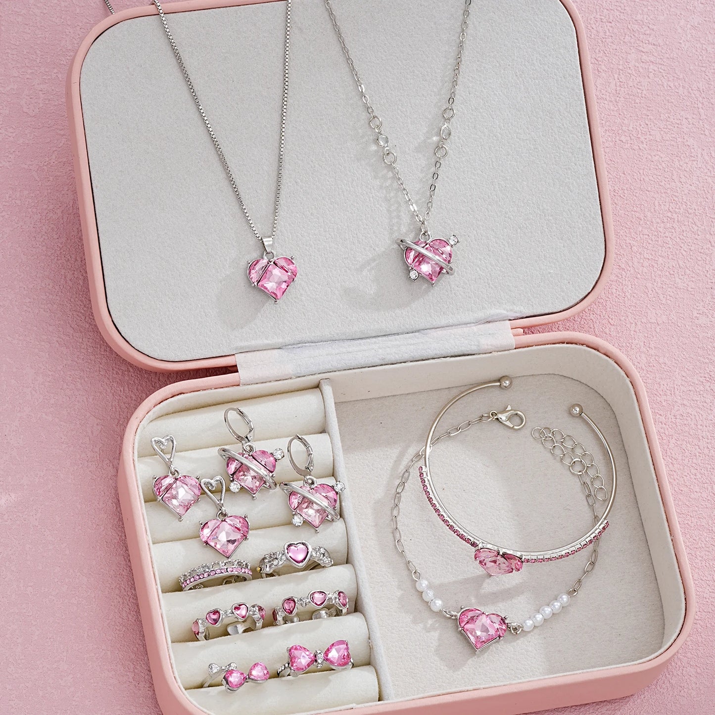 14 PCS Pink Craystal Heart Pendants Necklace Earrings, Ring, Bracelet