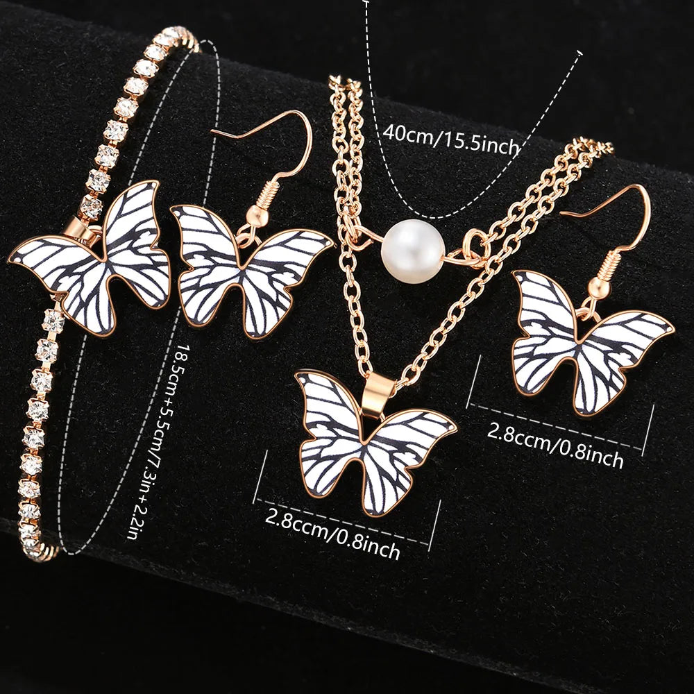 Gaiety 6PCS White Watch Butterfly Dial Quartz, Bracelet, Earrings, and Necklace