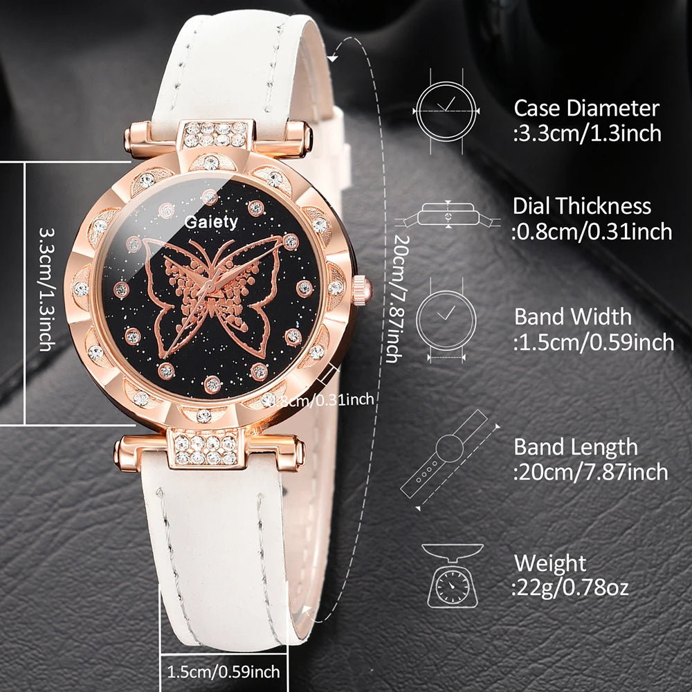 Gaiety White Women Quartz Watch Pu Leather Strap Wristwatch Large Butterfly Dial Watch Set Jewelry Set Gift For Her (6PCS/Set)