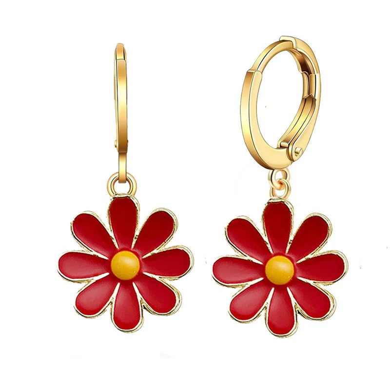 Vintage Daisy Flower Ear Buckle Hoop Earrings for Women Girl Delicate Enamel Sunflower Pendant Circle Earrings Summer Jewelry