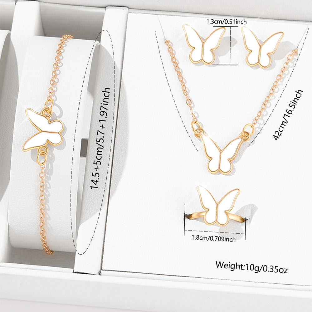 5 Piece Set Of White Butterfly Design Fashionable, Necklace, Earring, Ring, and Bracelet Combination Set