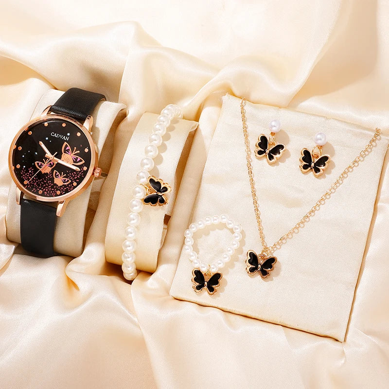 6PCS Set / Fashion Quartz Watch Female Clock Pink Butterfly