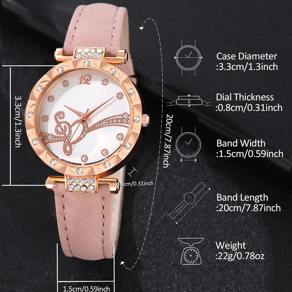 6PCS/Set Pink Women Quartz Watch Note Elements Dial Wristwatch Frosted Strap Watch Pearl Butterfly Jewelry Set Gift For Her