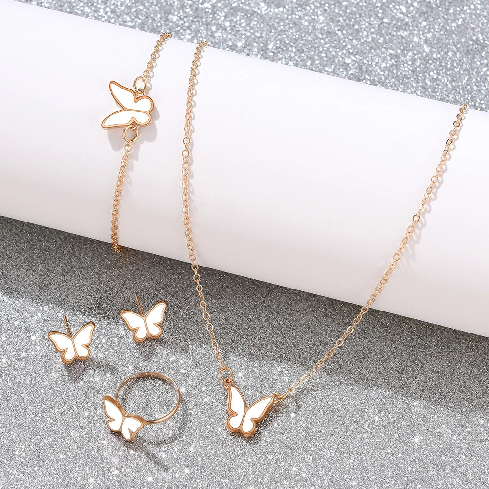 5 Piece Set Of White Butterfly Design Fashionable, Necklace, Earring, Ring, and Bracelet Combination Set