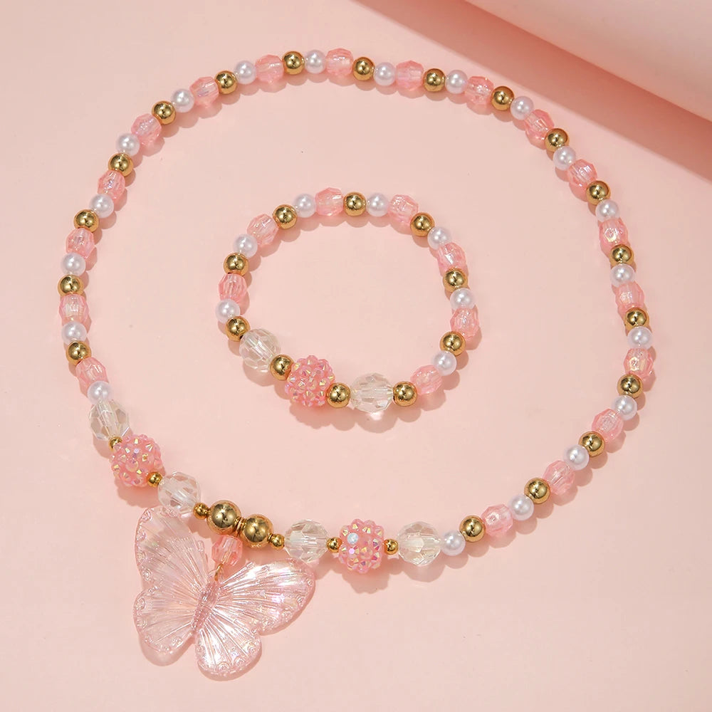 2Pcs/set Pink Butterfly Charm Necklace and Bracelet Princess