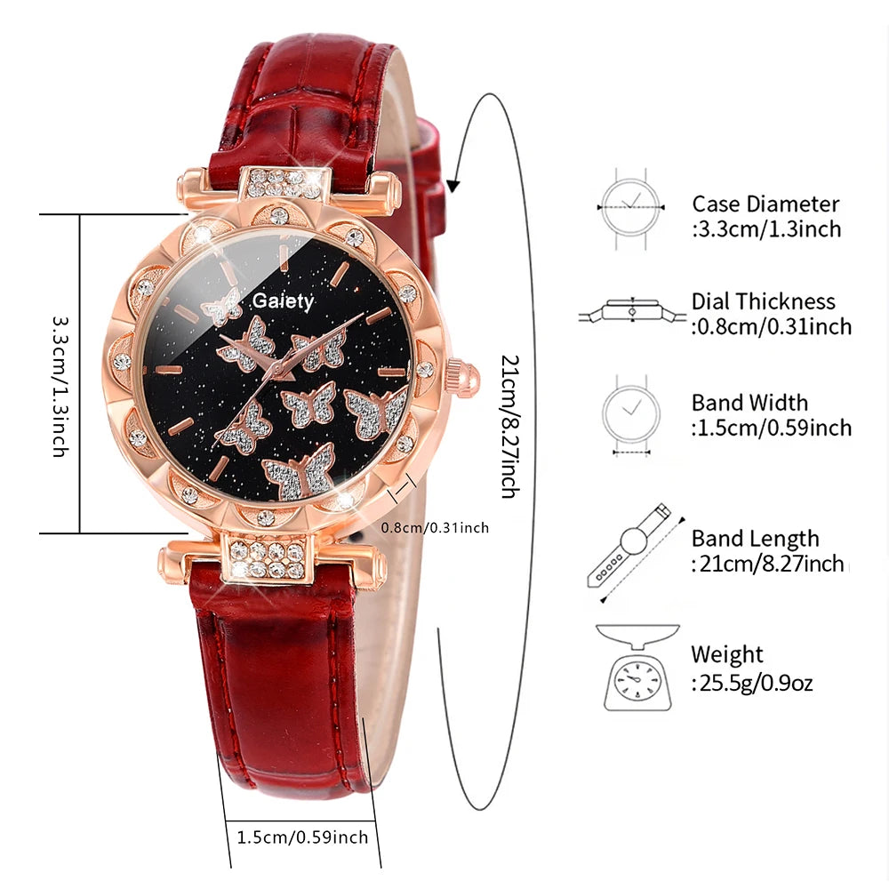 Red kids's Leather Simple Dial Quartz Watch Butterfly Heart Alloy Chain