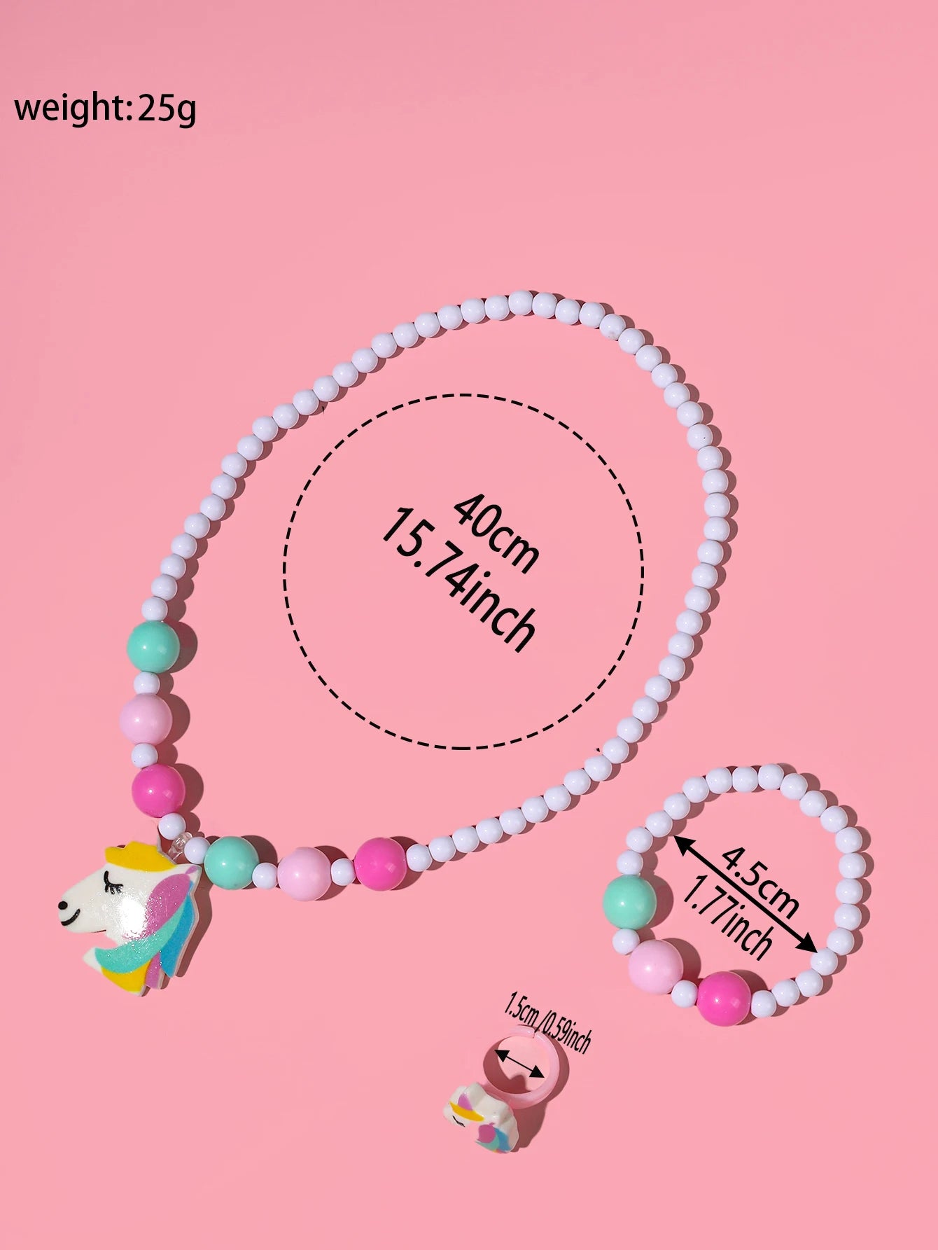 3pcs Girls Cartoon Unicorn Charm Jewelry Set