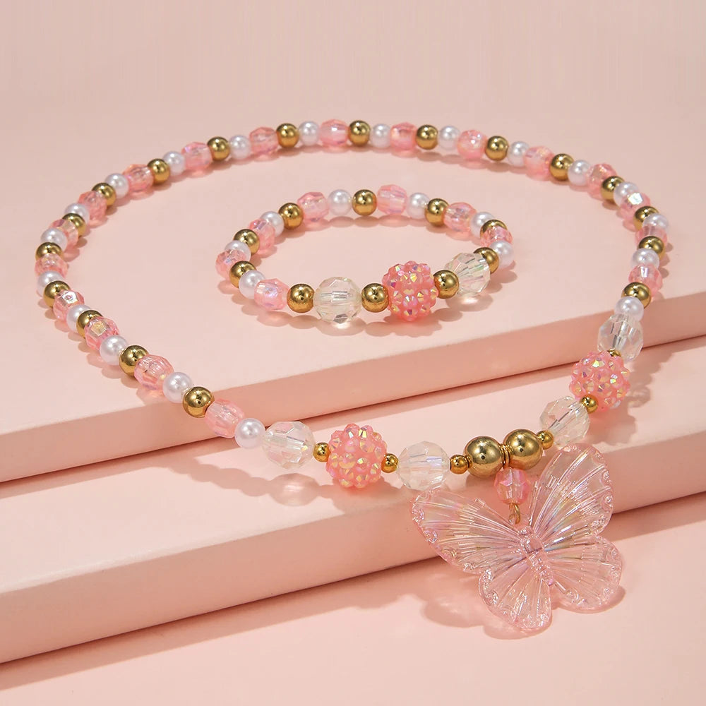 2Pcs/set Pink Butterfly Charm Necklace and Bracelet Princess