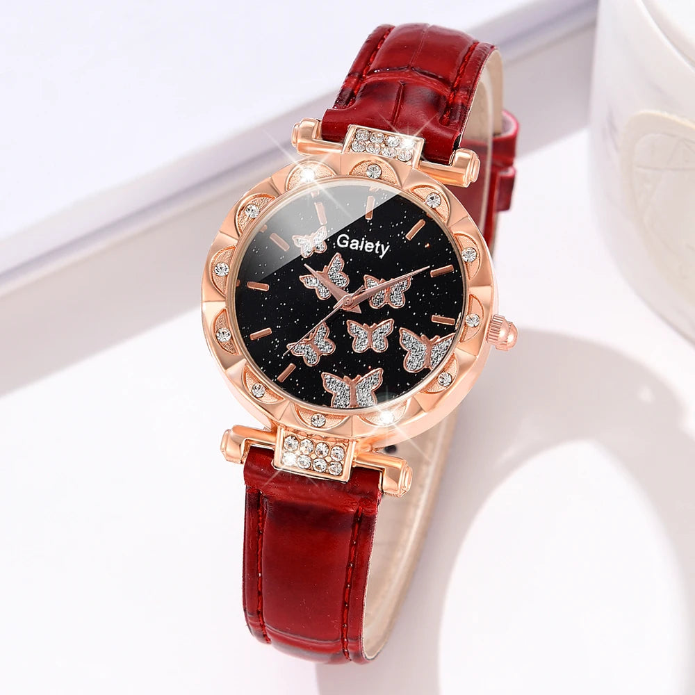 Red kids's Leather Simple Dial Quartz Watch Butterfly Heart Alloy Chain